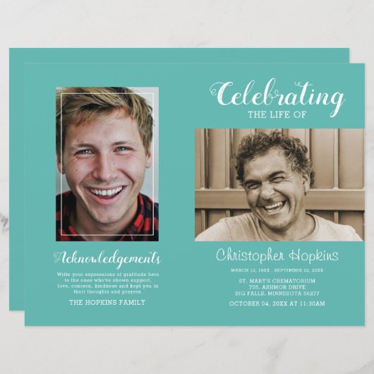 Moderne Blauwgroen foto Memorial Funeral Programme (Voorkant / Achterkant)