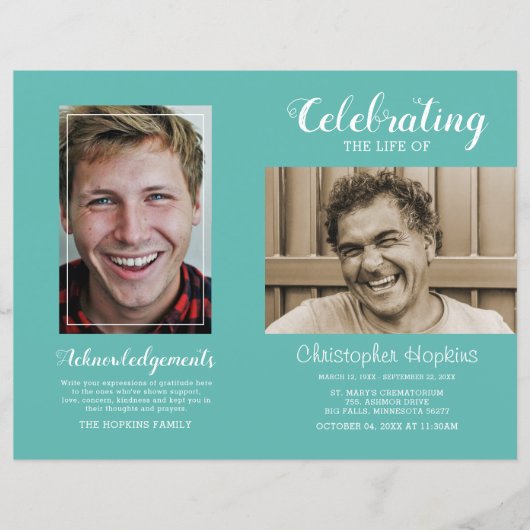 Moderne Blauwgroen foto Memorial Funeral Programme (Voorkant)