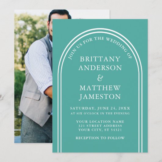 Moderne Blauwgroen foto van stijlvolle arch Weddin Kaart (Voorkant / Achterkant)