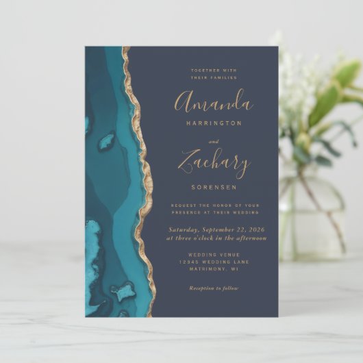 Moderne Blauwgroen Geode Rubin Agate Chic Wedding Kaart (Staand voorkant)