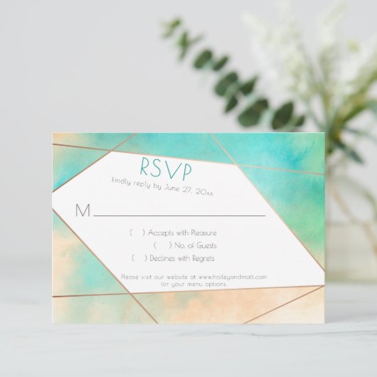 Moderne Blauwgroen geometrische en perzikale Water RSVP Kaartje (Staand voorkant)