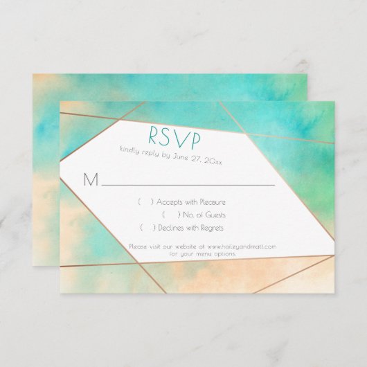 Moderne Blauwgroen geometrische en perzikale Water RSVP Kaartje (Voorkant / Achterkant)