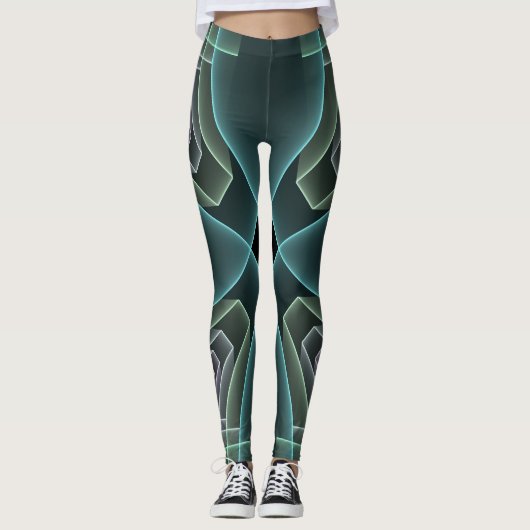 Moderne Blauwgroen geometrische fractale kunst Leggings (Voorkant)