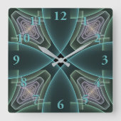 Moderne Blauwgroen geometrische fractale kunst Vierkante Klok (Voorkant)