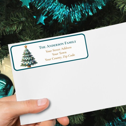 Moderne Blauwgroen Gingham kerstboom Ornamenten Na Etiket