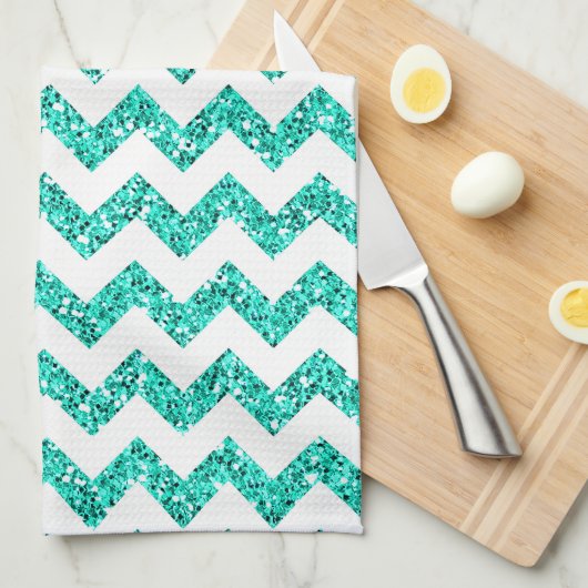Moderne Blauwgroen Glitter Chevron Keukenschotel H Theedoek (Quarter Fold)