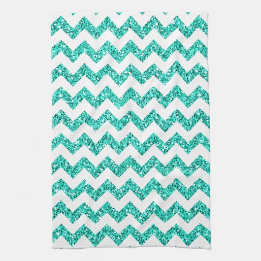 Moderne Blauwgroen Glitter Chevron Keukenschotel H Theedoek (Verticaal)