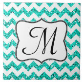 Moderne Blauwgroen Glitter Chevron Monogram Displa Tegeltje (Voorkant)
