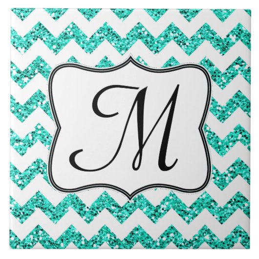 Moderne Blauwgroen Glitter Chevron Monogram Displa Tegeltje (Voorkant)