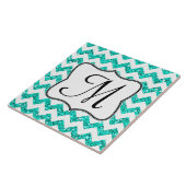 Moderne Blauwgroen Glitter Chevron Monogram Displa Tegeltje (Zijkant)