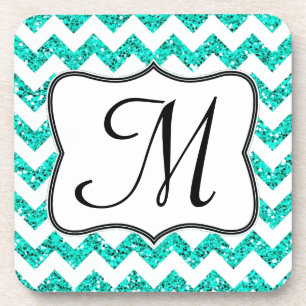 Moderne Blauwgroen Glitter Chevron Monogram Drink Onderzetter