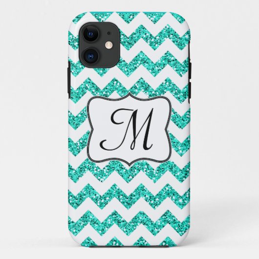 Moderne Blauwgroen Glitter Chevron Monogram IPHONE Case-Mate iPhone Case (Achterkant)