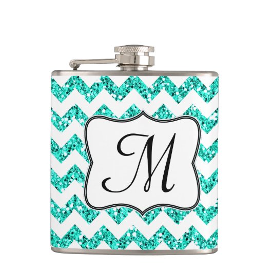 Moderne Blauwgroen Glitter Chevron Monogram Whiske Heupfles (Voorkant)