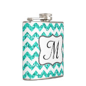Moderne Blauwgroen Glitter Chevron Monogram Whiske Heupfles (Rechts)