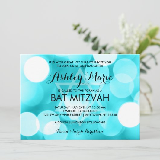 Moderne Blauwgroen Glitter Lights Bat Mitzvah Kaart (Staand voorkant)