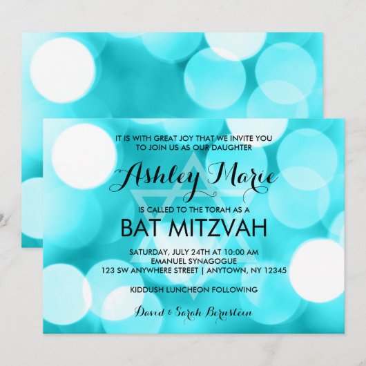 Moderne Blauwgroen Glitter Lights Bat Mitzvah Kaart (Voorkant / Achterkant)