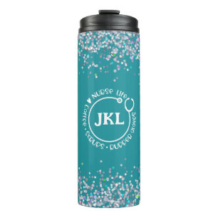 Moderne Blauwgroen Glitter Monogram Stethoscoop zu Thermosbeker