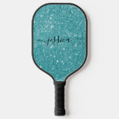 Moderne blauwgroen glitter scriptnaam pickleball paddle (Voorkant)