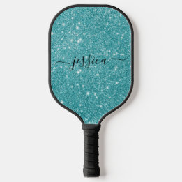 Moderne blauwgroen glitter scriptnaam pickleball paddle