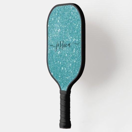 Moderne blauwgroen glitter scriptnaam pickleball paddle (Links)