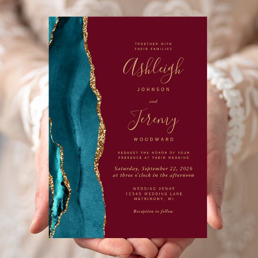 Moderne Blauwgroen Gold Agaat Bourgondische bruilo Kaart