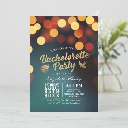 Moderne Blauwgroen Gold Bokeh Lights Bachelorette Kaart (Staand voorkant)