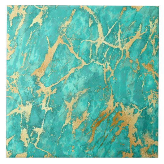 Moderne Blauwgroen Gold Faux Glitter Marble Cerami Tegeltje (Voorkant)