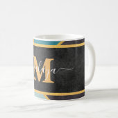 Moderne Blauwgroen Gold Line Monogram Koffiemok (Voorkant rechts)