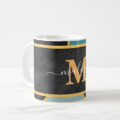 Moderne Blauwgroen Gold Line Monogram Koffiemok (Voorkant links)