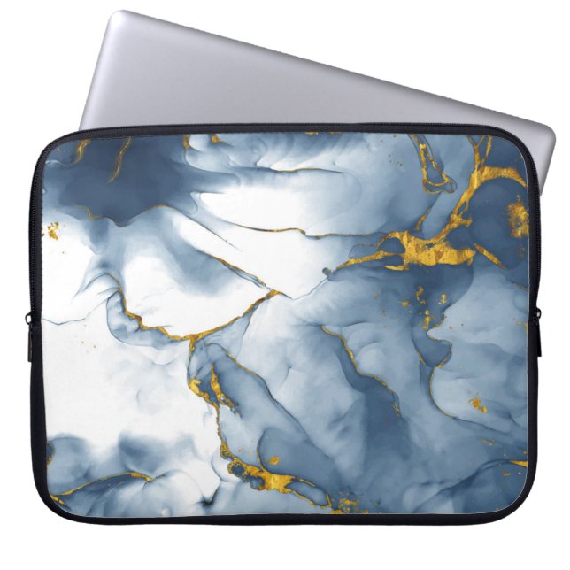 Moderne Blauwgroen-Gold marmer laptophoes Laptop Sleeve (Voorkant)