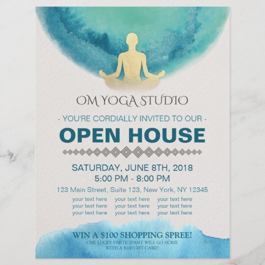 Moderne Blauwgroen Gold Waterverf YOGA Studio Open Flyer (Voorkant)
