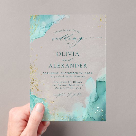 Moderne Blauwgroen gouden Abstracte strand bruilof Acryl Uitnodigingen (Insitu (Draagbaar))