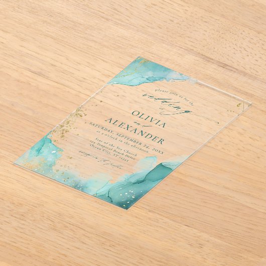 Moderne Blauwgroen gouden Abstracte strand bruilof Acryl Uitnodigingen (Laagn)