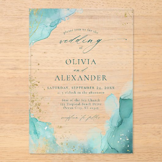 Moderne Blauwgroen gouden Abstracte strand bruilof Acryl Uitnodigingen (Voorkant)