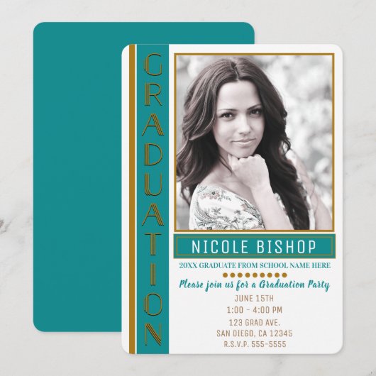 Moderne Blauwgroen Gouden Afstudeerfeest Afstudere Kaart (Voorkant / Achterkant)