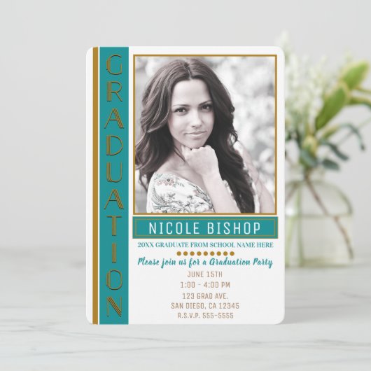 Moderne Blauwgroen Gouden Afstudeerfeest Afstudere Kaart (Staand voorkant)