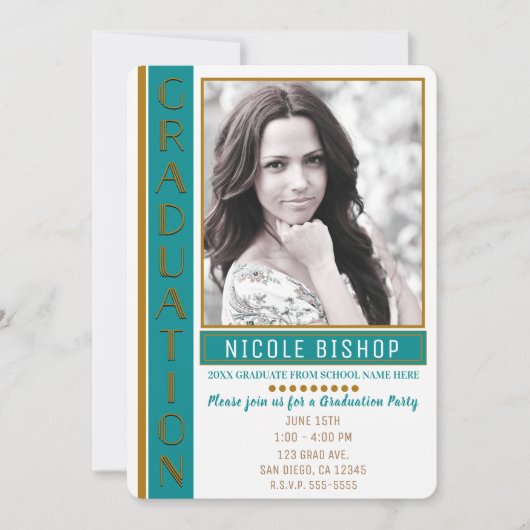 Moderne Blauwgroen Gouden Afstudeerfeest Afstudere Kaart (Voorkant)