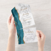 Moderne Blauwgroen gouden agaat marmeren bruiloft All In One Uitnodiging (Afscheurbaar)