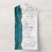 Moderne Blauwgroen gouden agaat marmeren bruiloft All In One Uitnodiging (Binnen)