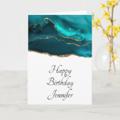 Moderne Blauwgroen & Gouden Agaat met Witte Verjaa Kaart (Gele Bloem)