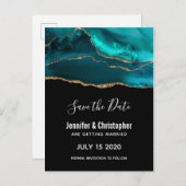 Moderne Blauwgroen & Gouden Agaat Stone Save the D Uitnodiging Briefkaart (Voorkant / Achterkant)