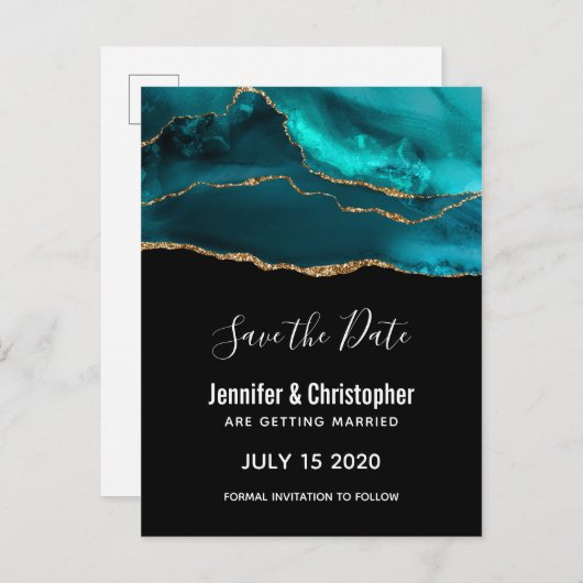 Moderne Blauwgroen & Gouden Agaat Stone Save the D Uitnodiging Briefkaart (Voorkant / Achterkant)