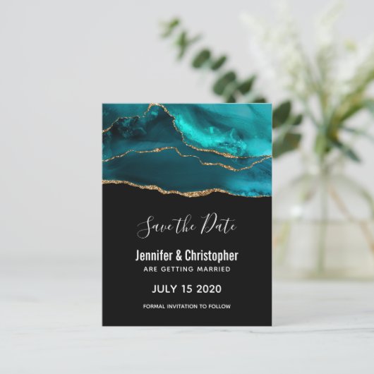 Moderne Blauwgroen & Gouden Agaat Stone Save the D Uitnodiging Briefkaart (Staand voorkant)