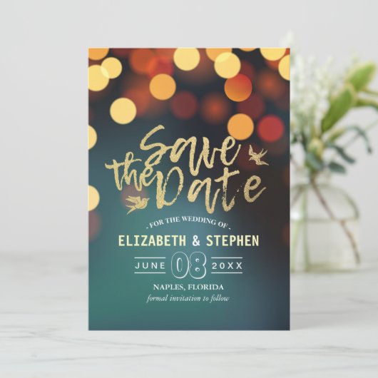 Moderne Blauwgroen gouden bruine bruiloft bespaart Save The Date (Staand voorkant)