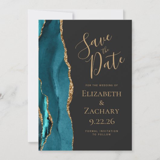 Moderne Blauwgroen gouden donkere bruiloft sparen Save The Date (Voorkant)