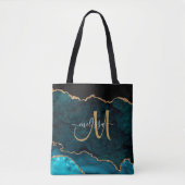 Moderne Blauwgroen Gouden Glitter Agaat Monogram N Tote Bag (Voorkant)
