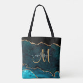 Moderne Blauwgroen Gouden Glitter Agaat Monogram N Tote Bag (Achterkant)