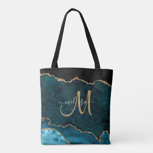 Moderne Blauwgroen Gouden Glitter Agaat Monogram N Tote Bag (Achterkant)