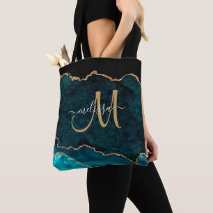 Moderne Blauwgroen Gouden Glitter Agaat Monogram N Tote Bag