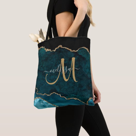 Moderne Blauwgroen Gouden Glitter Agaat Monogram N Tote Bag (Dichtbij)